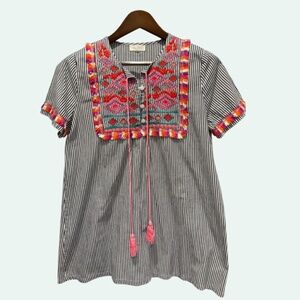 VELZERA Embroidered Stripe Tunic Tassels Pre-Loved Black White Multi Size M
